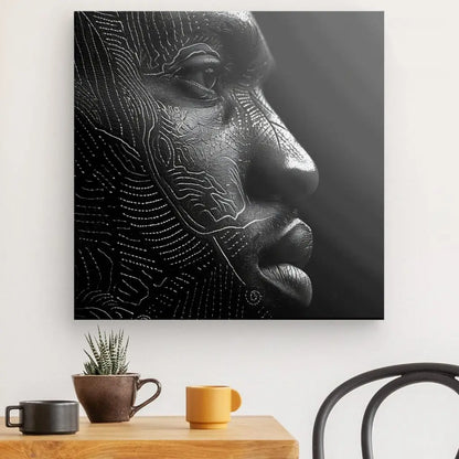 Tableau noir et blanc du profil d’un homme au style moderne, portrait épuré et contemporain