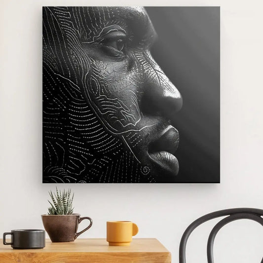 Tableau noir et blanc du profil d’un homme au style moderne, portrait épuré et contemporain