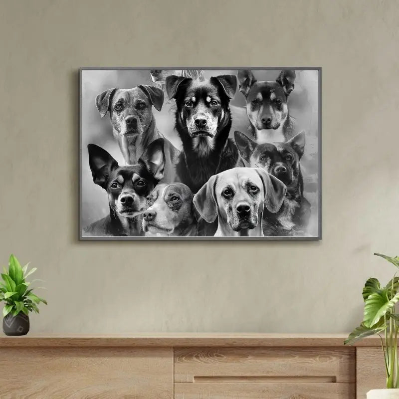 Tableau en noir et blanc représentant différentes races de chiens, œuvre expressive et élégante pour décoration murale