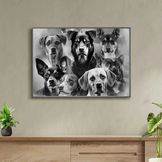 Tableau en noir et blanc représentant différentes races de chiens, œuvre expressive et élégante pour décoration murale