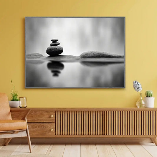 Tableau monochrome représentant un paysage relaxant avec pierres et ruisseau, ambiance zen et naturelle