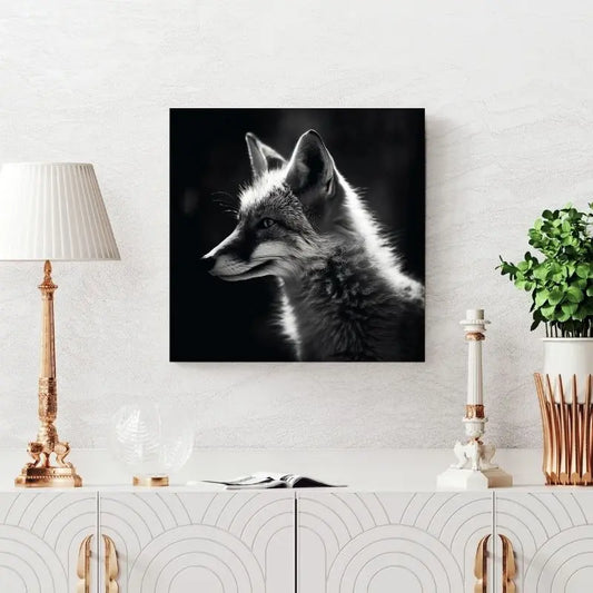 Portrait monochrome d’un renard, tableau élégant et sauvage pour décoration murale animale