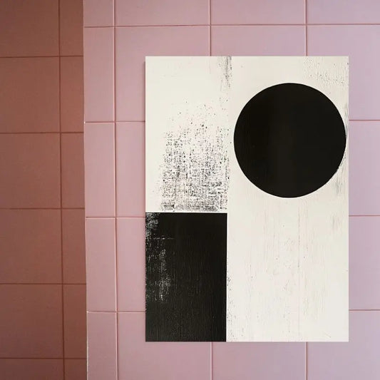 Tableau monochrome avec motifs ronds et carrés, œuvre d’art abstrait au design graphique pour décoration murale moderne

