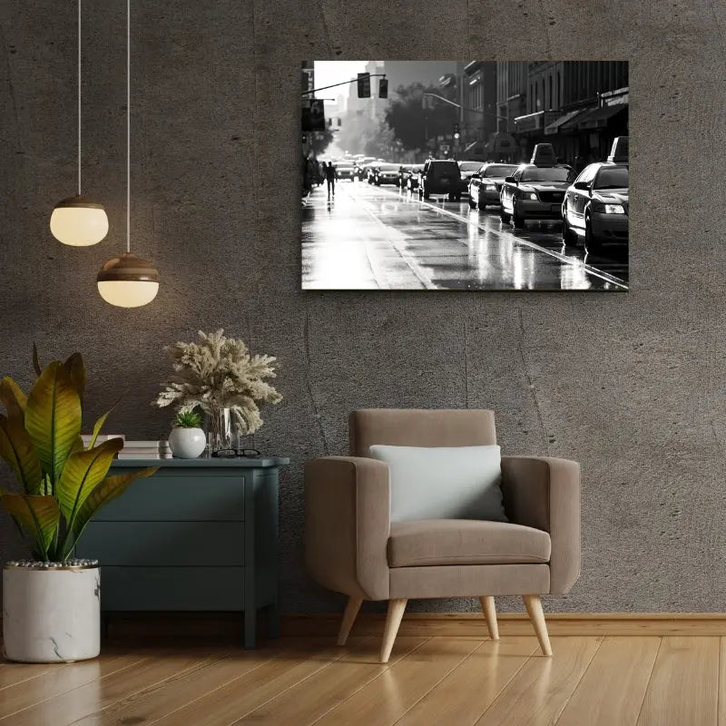 Tableau noir et blanc d’une rue new-yorkaise avec taxis et vue sur Wall Street, ambiance urbaine iconique et dynamique
