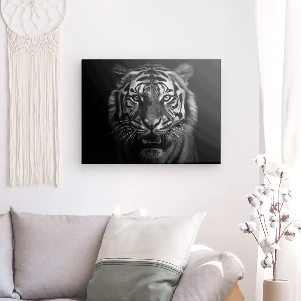 Tableau monochrome d’un tigre du Bengale rugissant, œuvre puissante et captivante pour décoration murale
