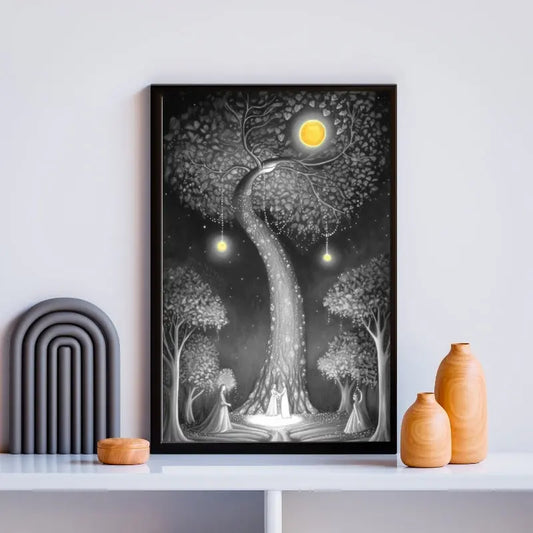 Dessin en noir et blanc d’une scène féérique, tableau poétique et enchanteur pour décoration murale