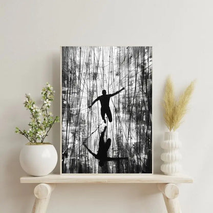 Tableau en noir et blanc d’une silhouette abstraite, œuvre artistique et épurée pour décoration murale contemporaine
