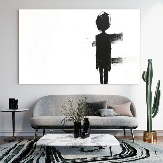 Peinture minimaliste représentant une silhouette noire, tableau abstrait et épuré pour décoration murale moderne
