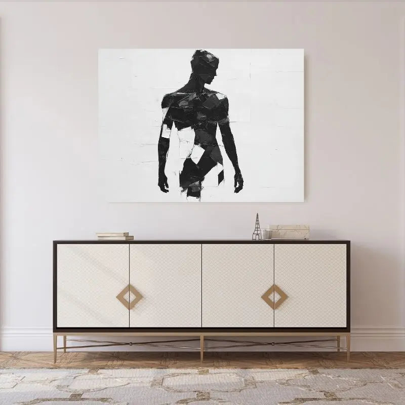 Peinture en patchwork noir et blanc représentant une silhouette, tableau artistique au style graphique et moderne pour décoration murale

