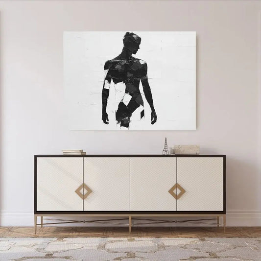 Peinture en patchwork noir et blanc représentant une silhouette, tableau artistique au style graphique et moderne pour décoration murale
