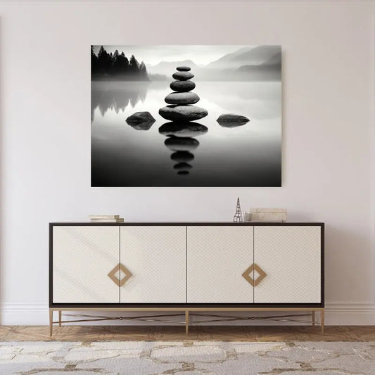 Empilement de pierres zen en noir et blanc, symbole d’équilibre, de sérénité et d’harmonie dans un style minimaliste et apaisant.