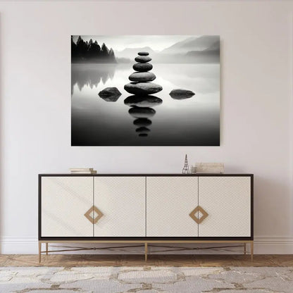 Empilement de pierres zen en noir et blanc, symbole d’équilibre, de sérénité et d’harmonie dans un style minimaliste et apaisant.