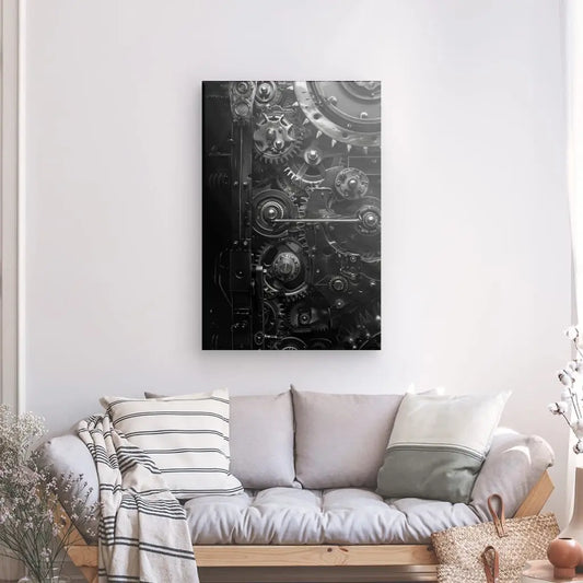 Tableau noir et blanc au style steampunk, mélange d’esthétique rétro-futuriste et de détails mécaniques