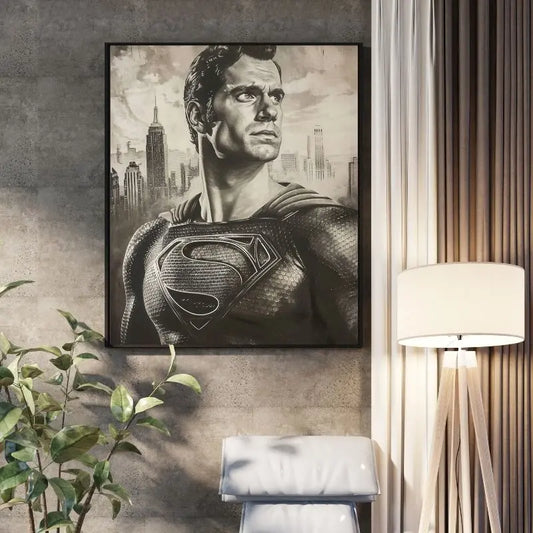 Peinture monochrome représentant le portrait de Superman, œuvre héroïque et moderne pour décoration murale