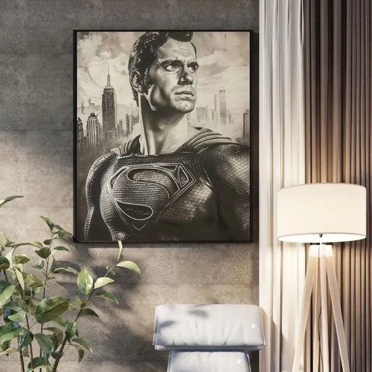 Peinture monochrome représentant le portrait de Superman, œuvre héroïque et moderne pour décoration murale