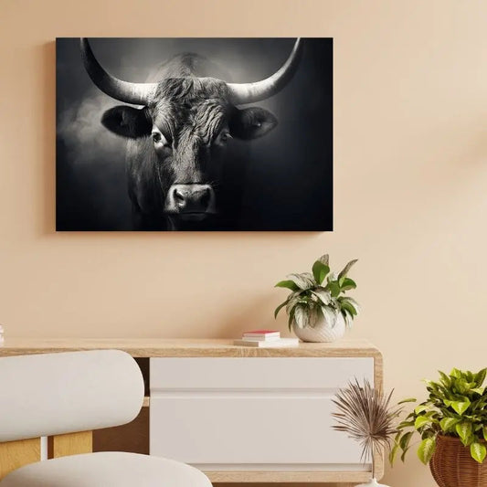 Tableau en noir et blanc d’un taureau de face, portrait puissant et imposant pour décoration murale moderne
