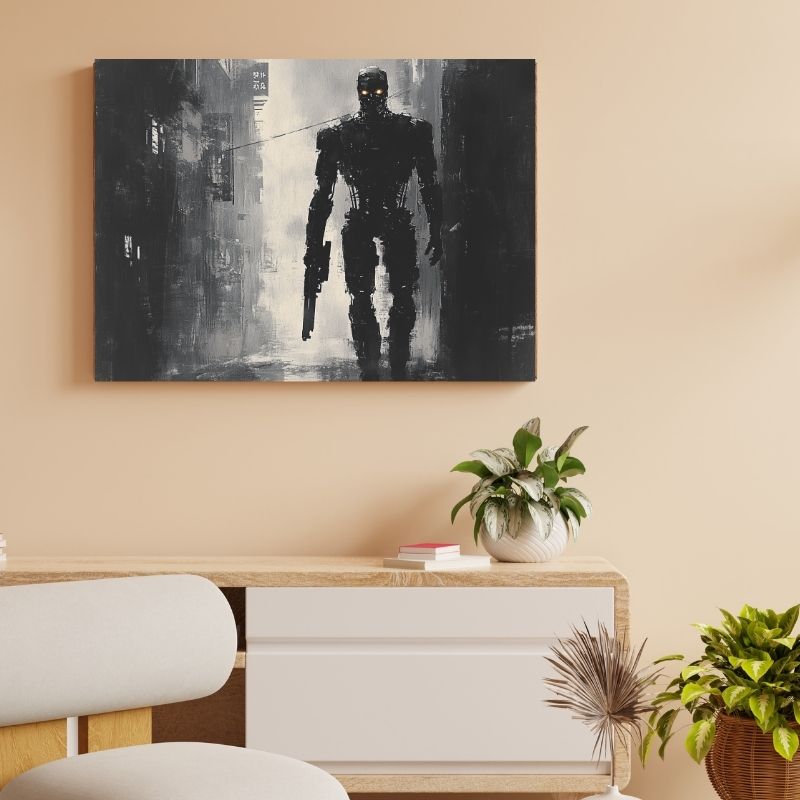 Peinture monochrome de Terminator, tableau intense au style futuriste et sombre pour décoration murale