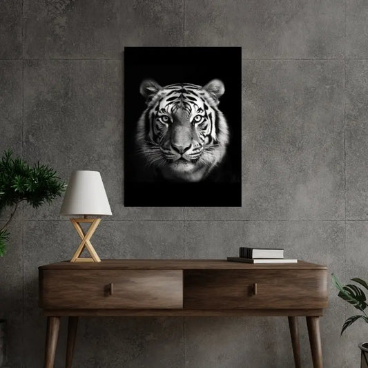 Tableau en noir et blanc représentant un tigre en portrait carré, une toile féline monochrome alliant élégance, puissance et raffinement décoratif.