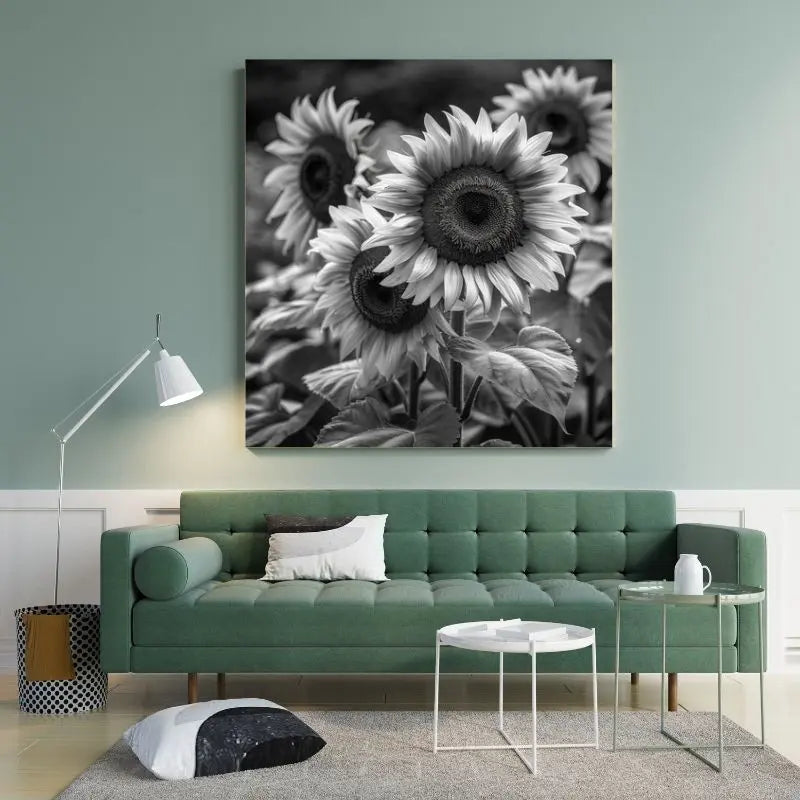 Tableau en noir et blanc de tournesols dans la nature, œuvre florale élégante et intemporelle pour décoration murale

