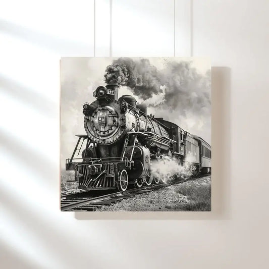 Tableau noir et blanc d’un train à vapeur vintage, ambiance nostalgique et historique