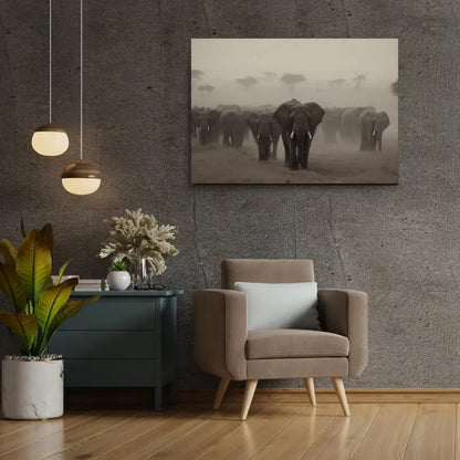 Troupeau d’éléphants en noir et blanc traversant la savane, symbole de force, de lien familial et de majesté animale dans un décor sauvage.