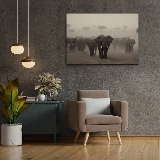 Troupeau d’éléphants en noir et blanc traversant la savane, symbole de force, de lien familial et de majesté animale dans un décor sauvage.