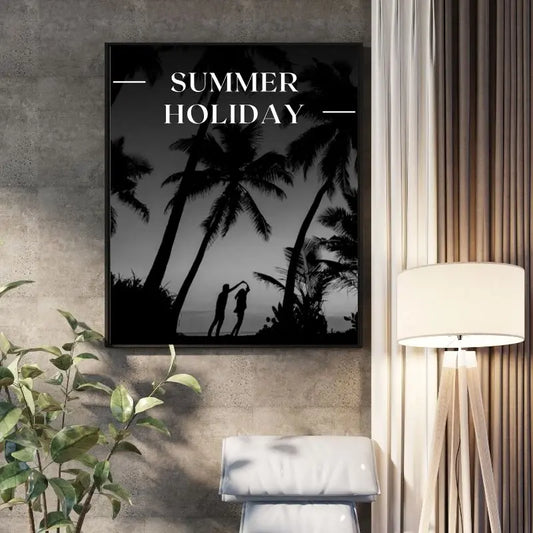 Tableau en noir et blanc représentant des palmiers et une ambiance de vacances d’été, scène tropicale et apaisante pour décoration murale