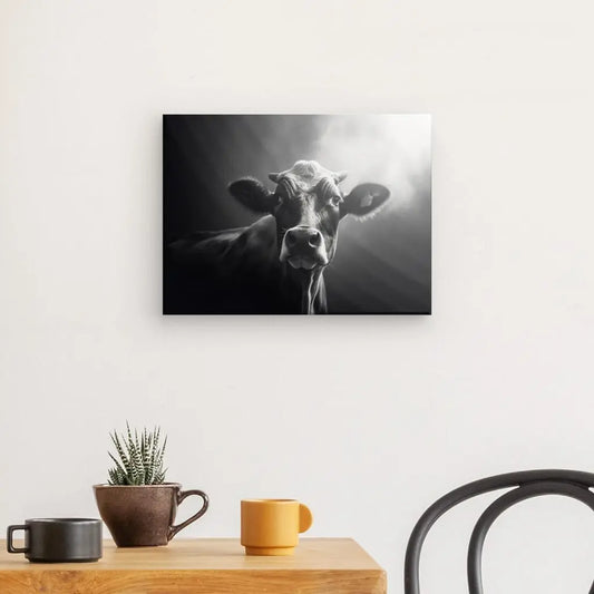 Tableau en noir et blanc d’une vache limousine, portrait animalier rustique et élégant pour décoration murale
