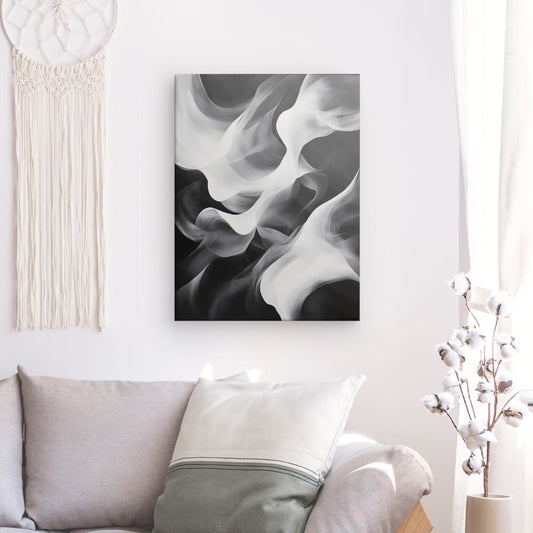 Tableau abstrait représentant des vagues blanches sur fond noir, design contrasté et moderne pour décoration murale