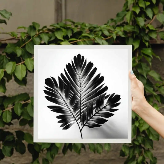 Tableau noir et blanc représentant des végétaux avec feuilles, tiges et branches d’arbre, style naturel et minimaliste
