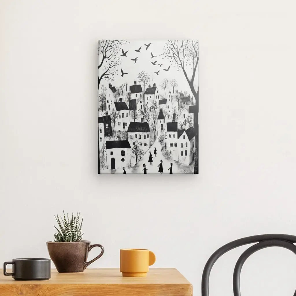 Dessin monochrome d’un village en art naïf, tableau enfantin et poétique au style simple et expressif pour décoration murale
