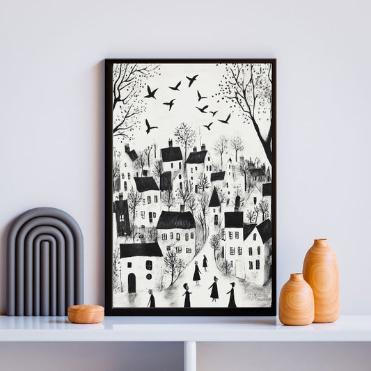 Tableau en noir et blanc d’un village en art naïf, scène poétique et simplifiée au style original et expressif