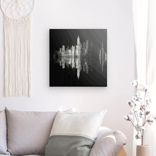 Dessin monochrome moderne représentant des buildings en ville, tableau urbain et stylisé pour décoration murale contemporaine