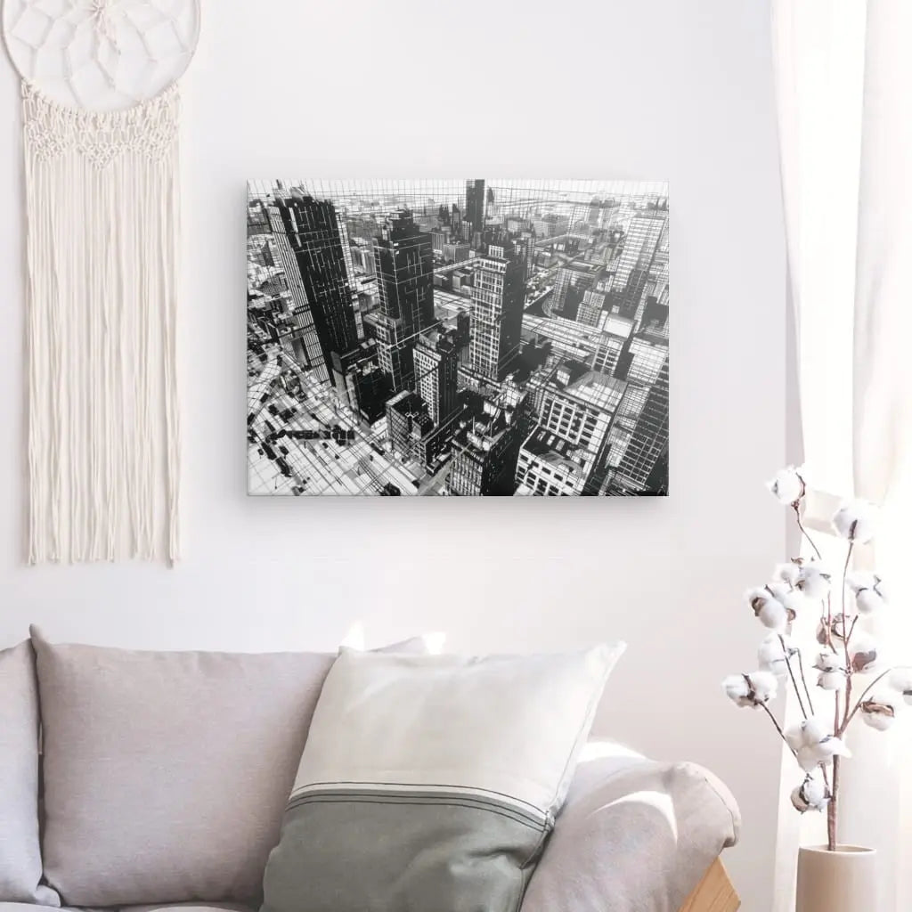 Dessin monochrome d’une ville avec architecture moderne, tableau élégant et stylisé pour décoration murale contemporaine
