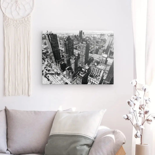 Dessin monochrome d’une ville avec architecture moderne, tableau élégant et stylisé pour décoration murale contemporaine
