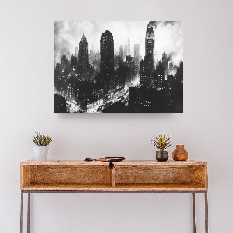 Tableau représentant une ville en peinture noire et blanche, buildings modernes et ambiance urbaine minimaliste









