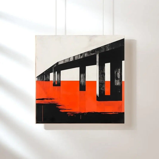 Tableau vintage d’architecture en noir, blanc et orange, scène urbaine contrastée au style rétro pour décoration murale

