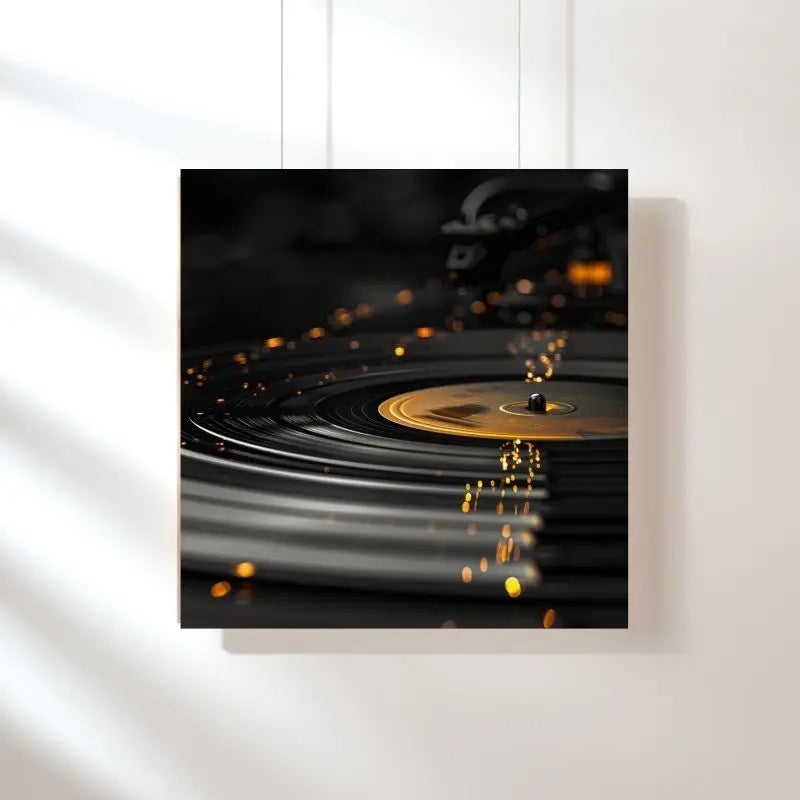 Tableau en noir et doré représentant un vinyle, œuvre musicale chic et moderne pour décoration murale