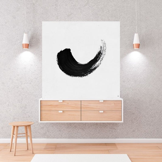 Tableau minimaliste représentant une virgule noire sur fond blanc, design épuré et moderne pour décoration murale