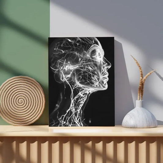 Tableau en noir et blanc d’un visage humain lumineux au style futuriste, œuvre moderne et intrigante pour décoration murale