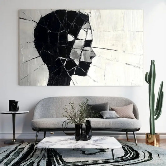 Peinture moderne en noir et blanc d’un visage de profil, tableau artistique et épuré pour décoration murale contemporaine
