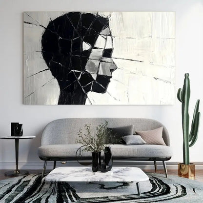 Peinture moderne en noir et blanc d’un visage de profil, tableau artistique et épuré pour décoration murale contemporaine
