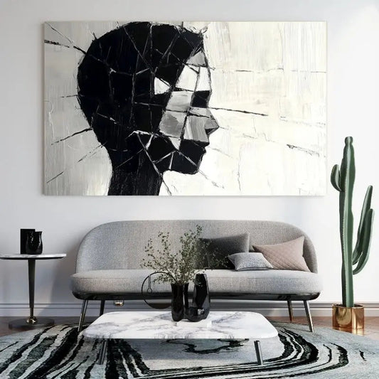 Peinture moderne en noir et blanc d’un visage de profil, tableau artistique et épuré pour décoration murale contemporaine
