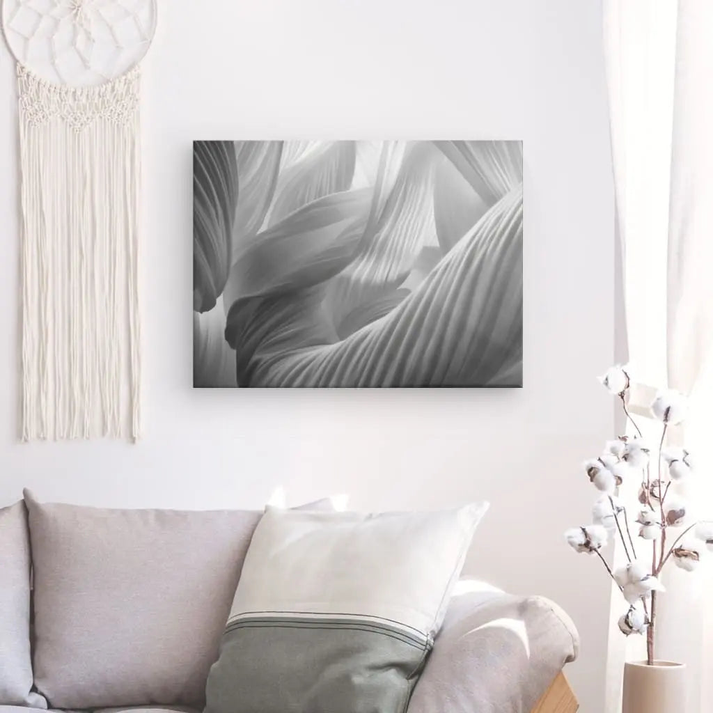 Tableau en noir et blanc de voilages au design minimaliste, œuvre épurée et moderne pour décoration murale contemporaine
