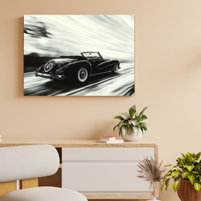 Tableau de voiture ancienne en mouvement, alliant vitesse et élégance dans un style vintage rétro