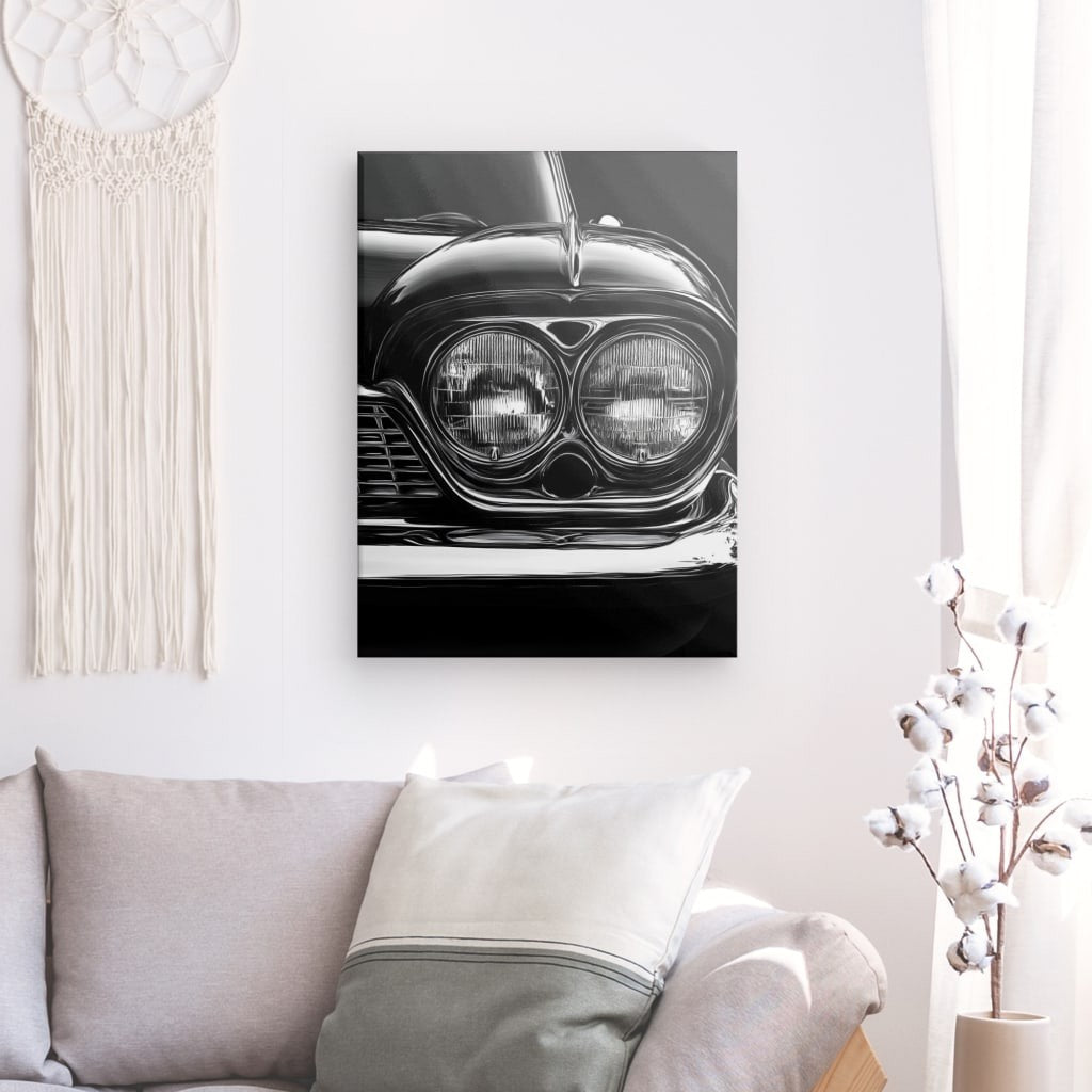 Tableau en noir et blanc d’une voiture de collection en gros plan, style rétro et élégant pour décoration murale