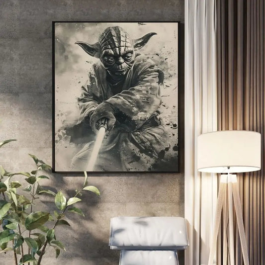 Tableau en noir et blanc de Yoda de Star Wars, portrait iconique et mystique pour décoration murale