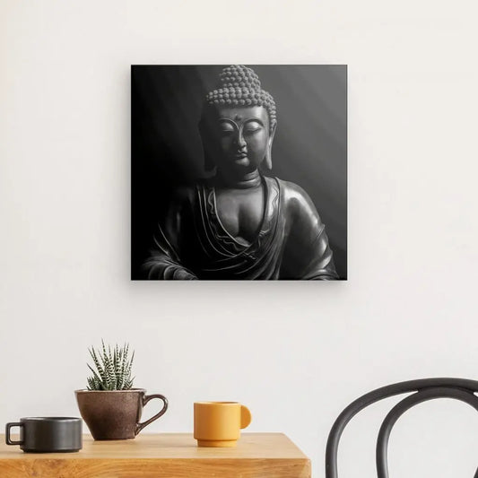 Représentation en noir et blanc d’un Bouddha en méditation, diffusant une atmosphère zen, spirituelle et propice à la contemplation intérieure.