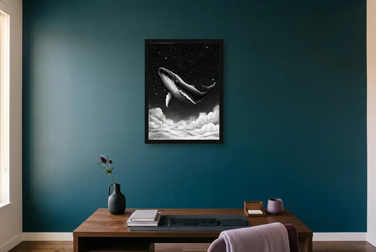 Poster Baleine Céleste noir et blanc encadré noir, présenté sur un mur bleu pétrole frontal.