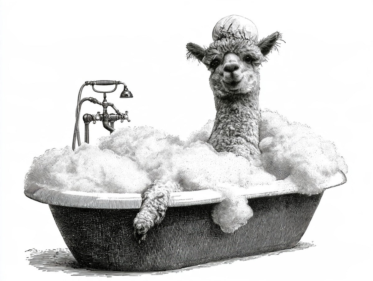Œuvre complète du poster alpaga bain moussant noir et blanc, vue fidèle du visuel